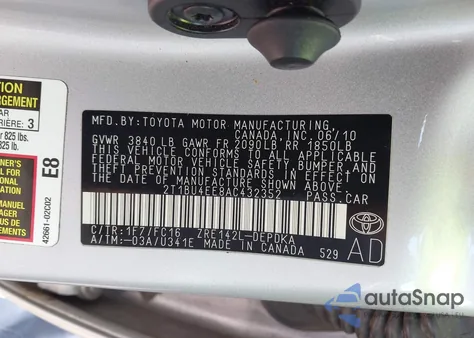 2010 Toyota Corolla Le z USA, uszkodzony, nr VIN 2T1BU4EE8AC432352